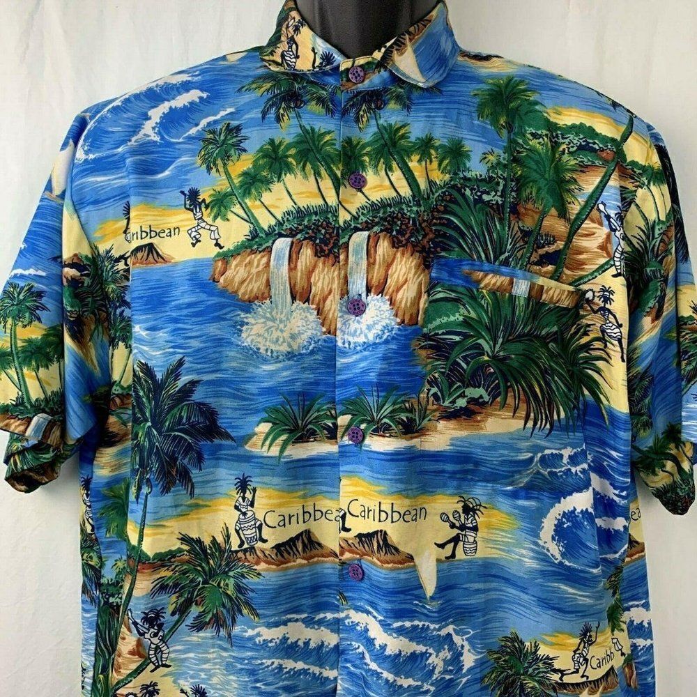 Rima Hawaiian Camp Shirt M Blue Green Caribbean Island Ocean Palm Tree Button Up